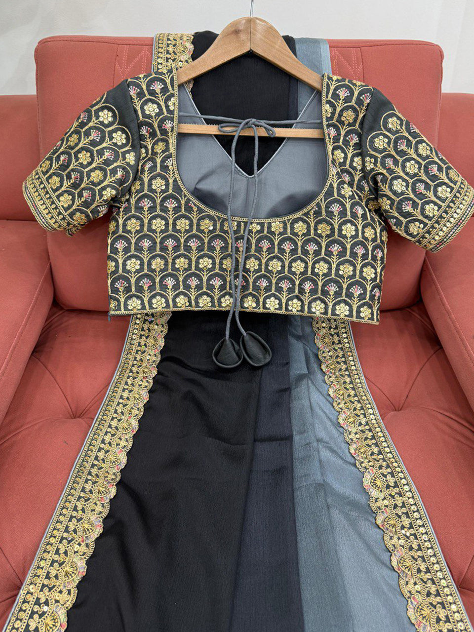Black & Grey Ombre Silk Saree with Gold Embroidered Readymade Blouse - Wedding & Party Wear