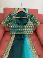 Rama & Green Ombre Silk Saree with Gold Embroidered Readymade Blouse - Wedding & Party Wear
