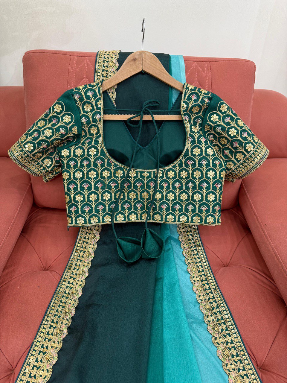 Rama & Green Ombre Silk Saree with Gold Embroidered Readymade Blouse - Wedding & Party Wear