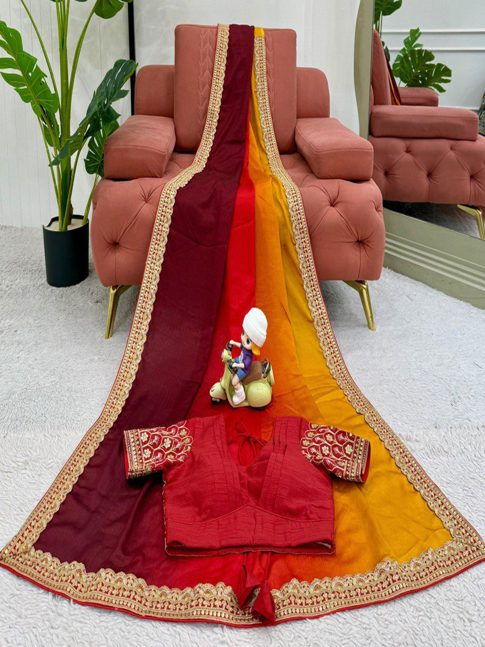 Orange & Maroon Ombre Silk Saree with Gold Embroidered Readymade Blouse - Wedding & Party Wear