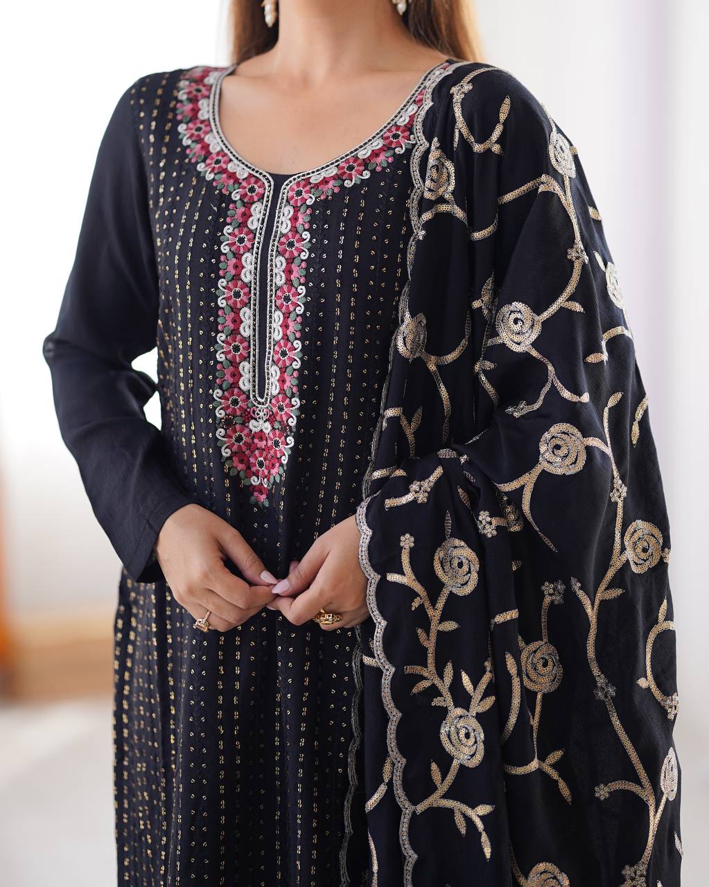 Elegant Black Chinon Kurta Suit Set for Women – Festive