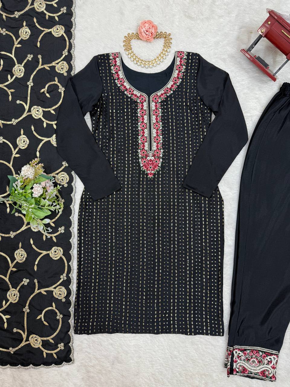 Elegant Black Chinon Kurta Suit Set for Women – Festive