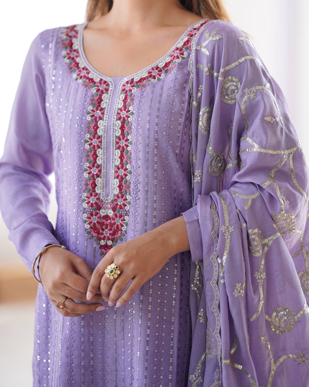 Elegant Lavender Chinon Kurta Suit Set for Women – Festive