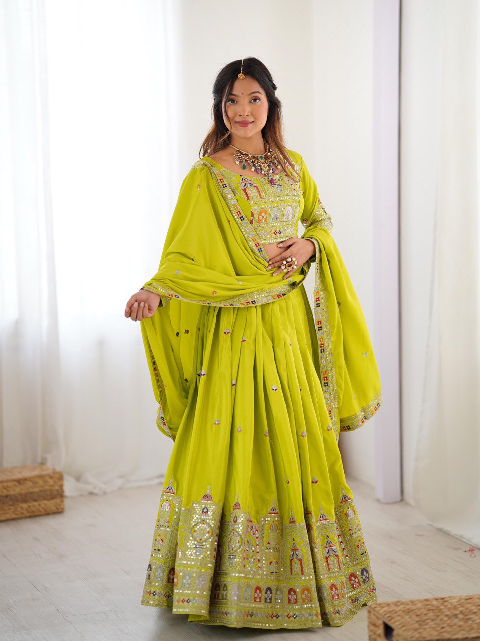 Mustard Green Semi-Stitched Natural Silk Embroidered Lehenga Choli Set – A Perfect Blend of Tradition, Elegance & Timeless Craftsmanship