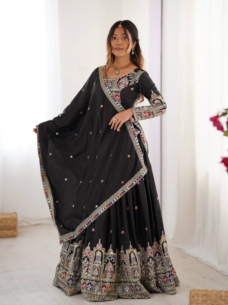 Black Semi-Stitched Natural Silk Embroidered Lehenga Choli Set – A Perfect Blend of Tradition, Elegance & Timeless Craftsmanship