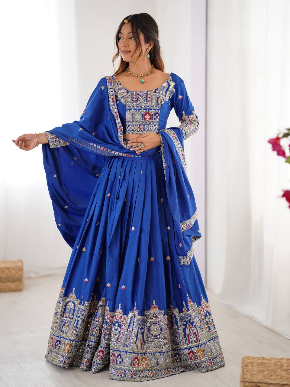 Blue Semi-Stitched Natural Silk Embroidered Lehenga Choli Set – A Perfect Blend of Tradition, Elegance & Timeless Craftsmanship