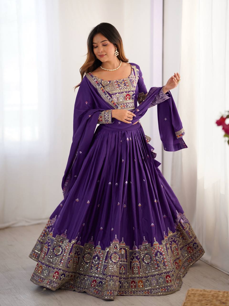Purple Semi-Stitched Natural Silk Embroidered Lehenga Choli Set – A Perfect Blend of Tradition, Elegance & Timeless Craftsmanship