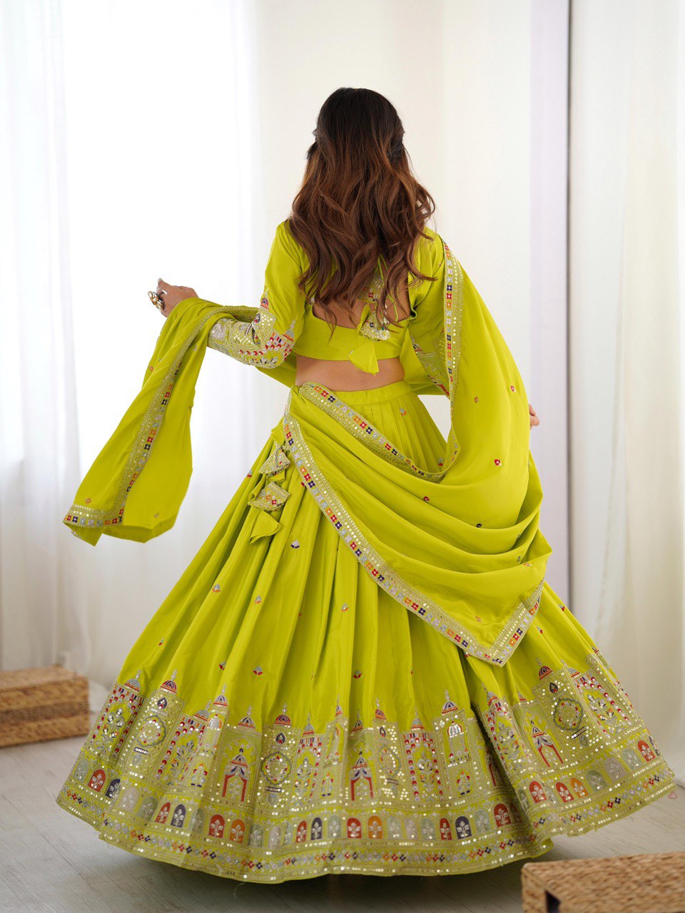 Mustard Green Semi-Stitched Natural Silk Embroidered Lehenga Choli Set – A Perfect Blend of Tradition, Elegance & Timeless Craftsmanship