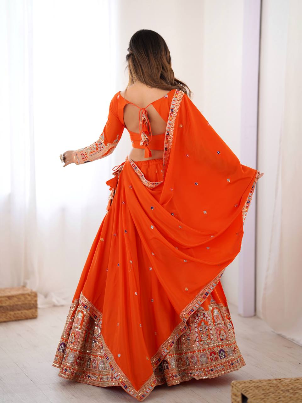 Orange Semi-Stitched Natural Silk Embroidered Lehenga Choli Set – A Perfect Blend of Tradition, Elegance & Timeless Craftsmanship