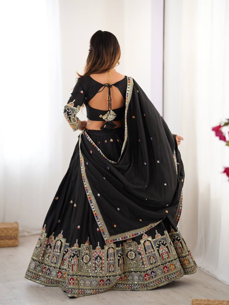 Black Semi-Stitched Natural Silk Embroidered Lehenga Choli Set – A Perfect Blend of Tradition, Elegance & Timeless Craftsmanship