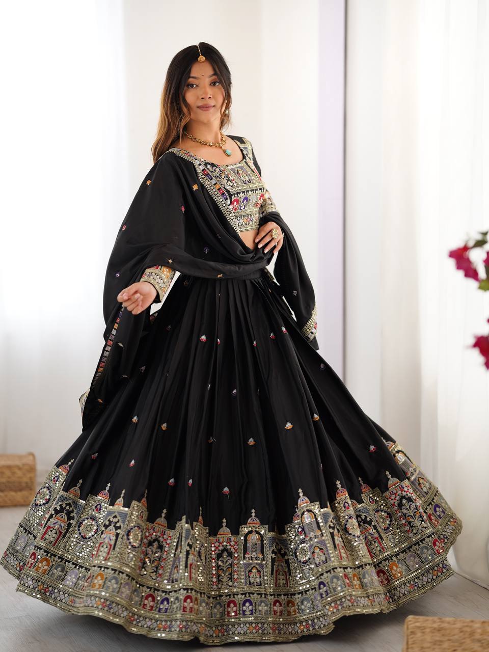 Black Semi-Stitched Natural Silk Embroidered Lehenga Choli Set – A Perfect Blend of Tradition, Elegance & Timeless Craftsmanship