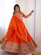Orange Semi-Stitched Natural Silk Embroidered Lehenga Choli Set – A Perfect Blend of Tradition, Elegance & Timeless Craftsmanship