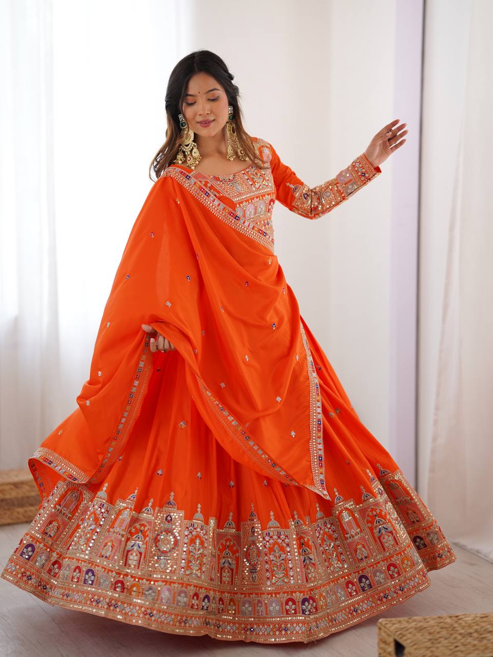 Orange Semi-Stitched Natural Silk Embroidered Lehenga Choli Set – A Perfect Blend of Tradition, Elegance & Timeless Craftsmanship