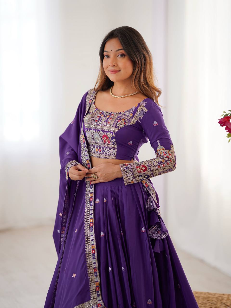 Purple Semi-Stitched Natural Silk Embroidered Lehenga Choli Set – A Perfect Blend of Tradition, Elegance & Timeless Craftsmanship