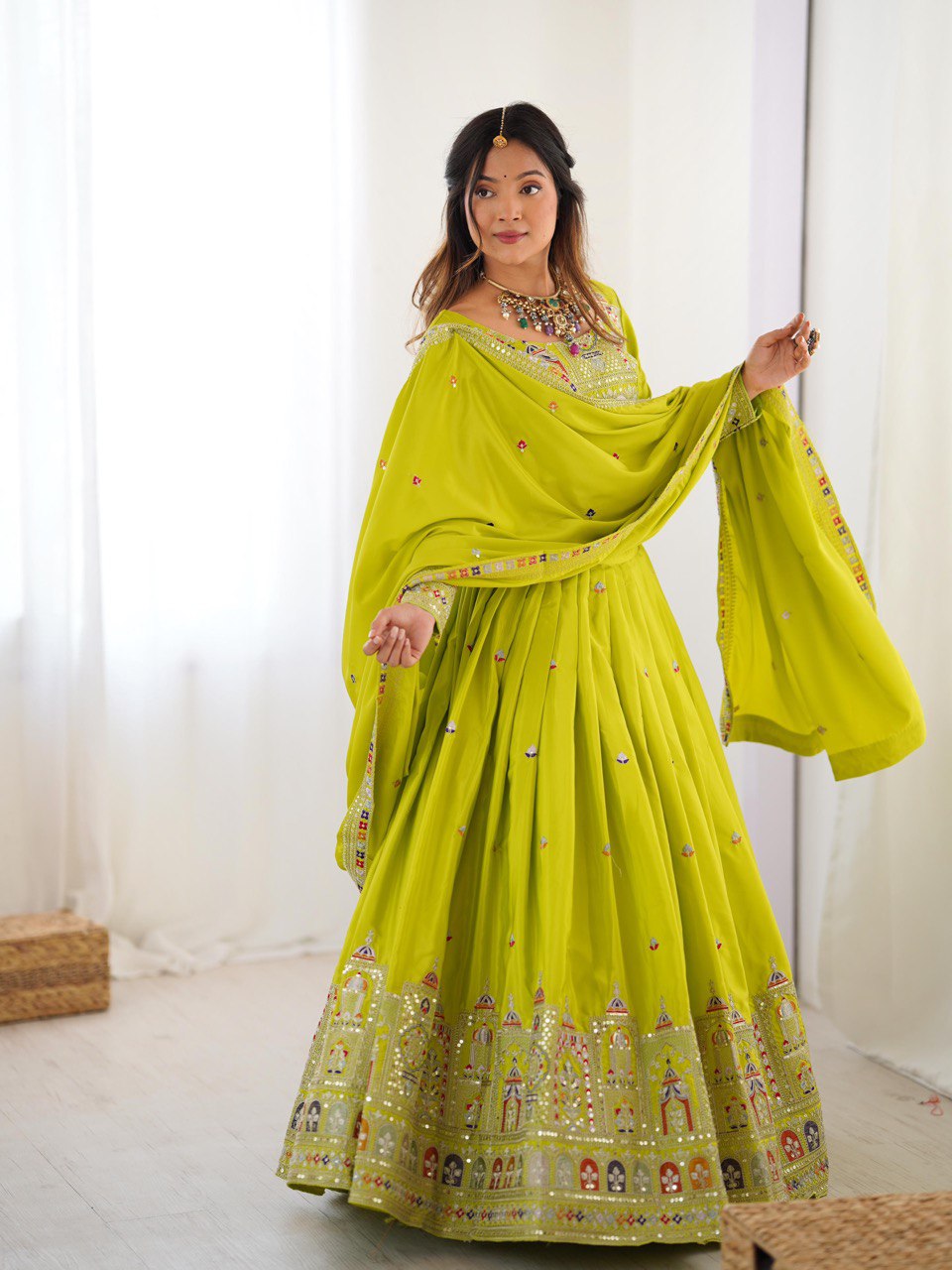Mustard Green Semi-Stitched Natural Silk Embroidered Lehenga Choli Set – A Perfect Blend of Tradition, Elegance & Timeless Craftsmanship