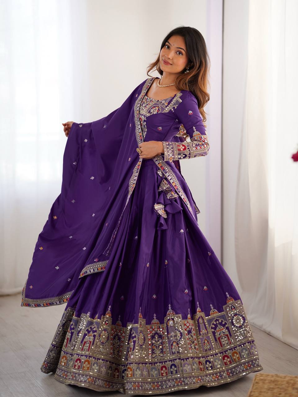 Purple Semi-Stitched Natural Silk Embroidered Lehenga Choli Set – A Perfect Blend of Tradition, Elegance & Timeless Craftsmanship