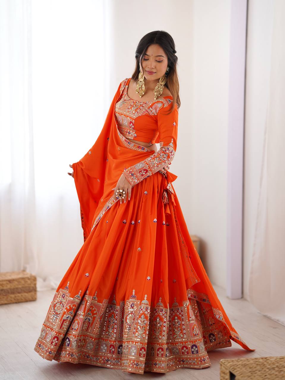Orange Semi-Stitched Natural Silk Embroidered Lehenga Choli Set – A Perfect Blend of Tradition, Elegance & Timeless Craftsmanship