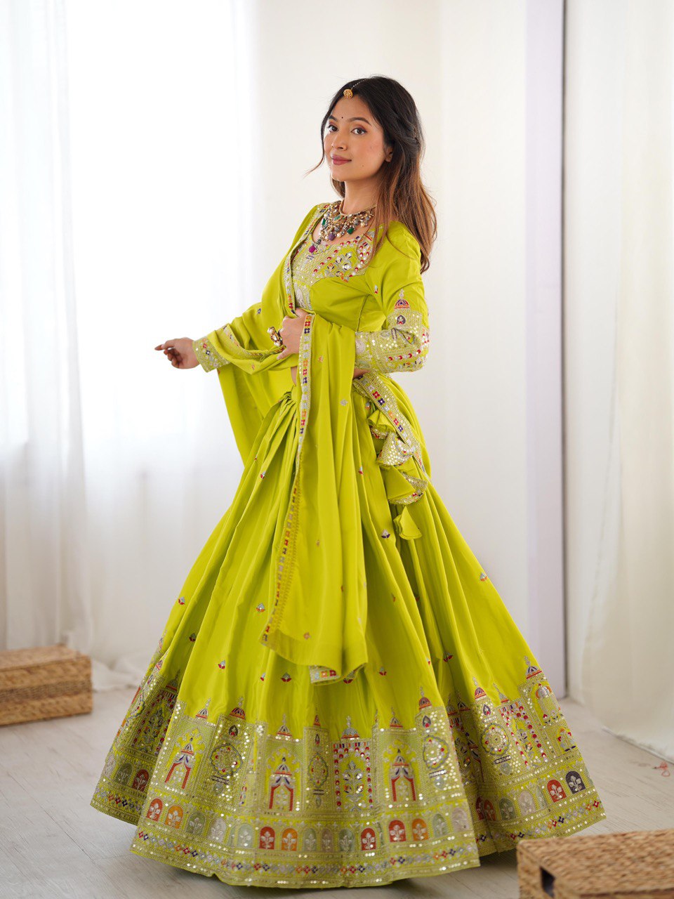 Mustard Green Semi-Stitched Natural Silk Embroidered Lehenga Choli Set – A Perfect Blend of Tradition, Elegance & Timeless Craftsmanship