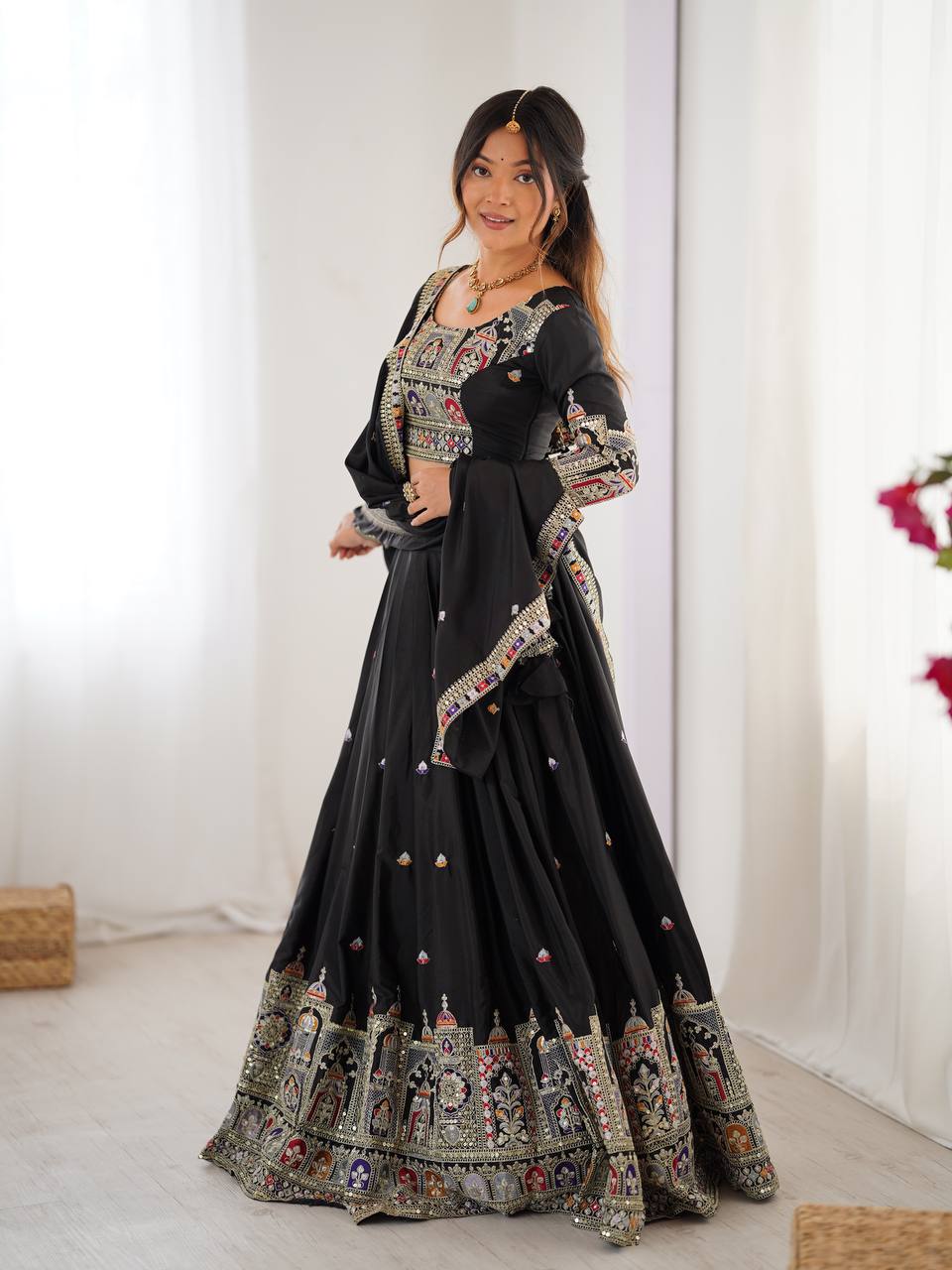 Black Semi-Stitched Natural Silk Embroidered Lehenga Choli Set – A Perfect Blend of Tradition, Elegance & Timeless Craftsmanship