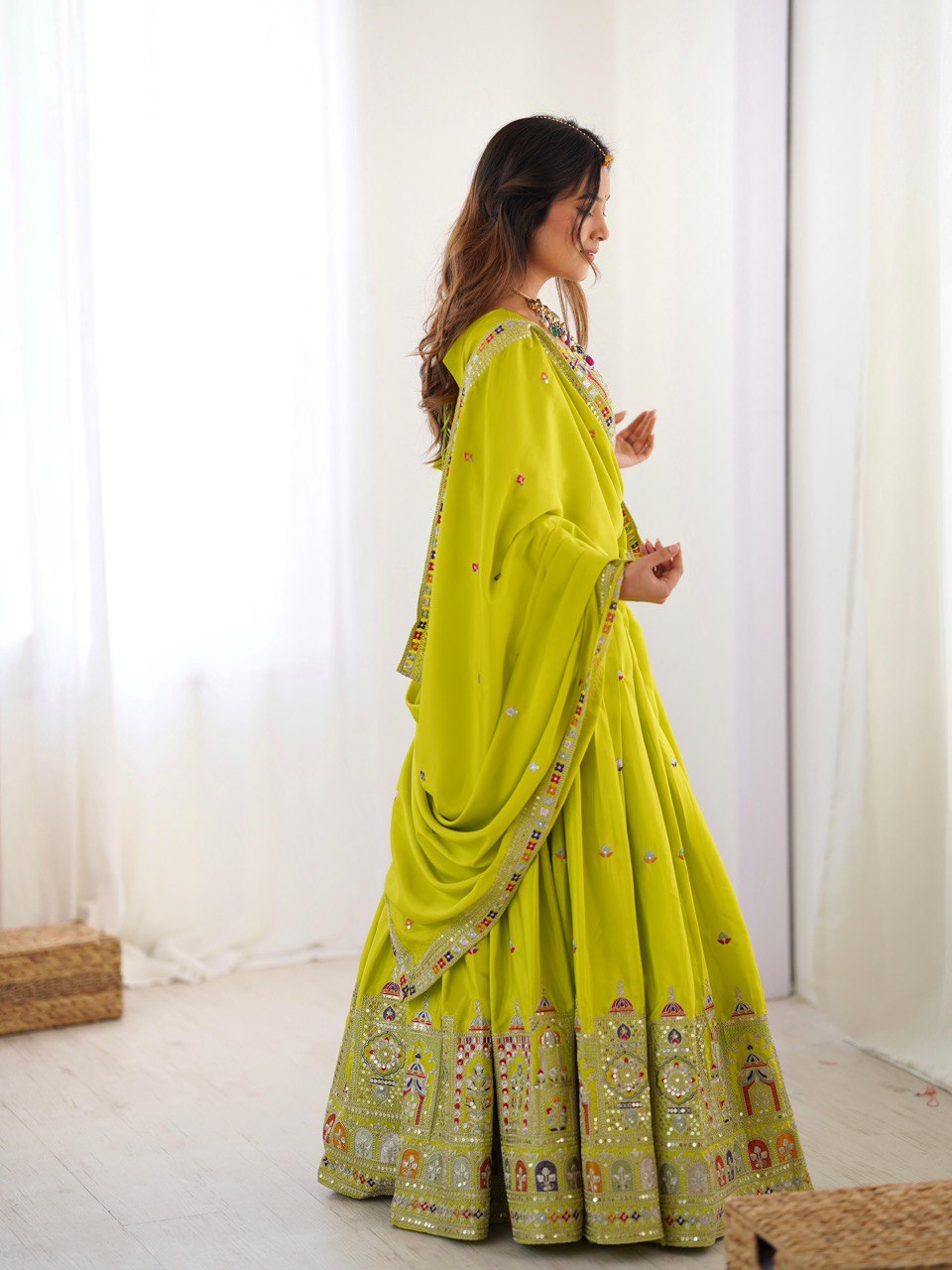 Mustard Green Semi-Stitched Natural Silk Embroidered Lehenga Choli Set – A Perfect Blend of Tradition, Elegance & Timeless Craftsmanship