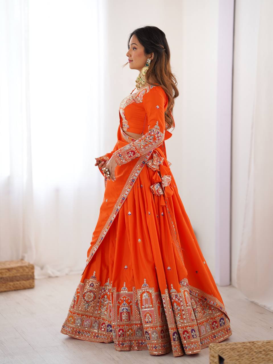 Orange Semi-Stitched Natural Silk Embroidered Lehenga Choli Set – A Perfect Blend of Tradition, Elegance & Timeless Craftsmanship