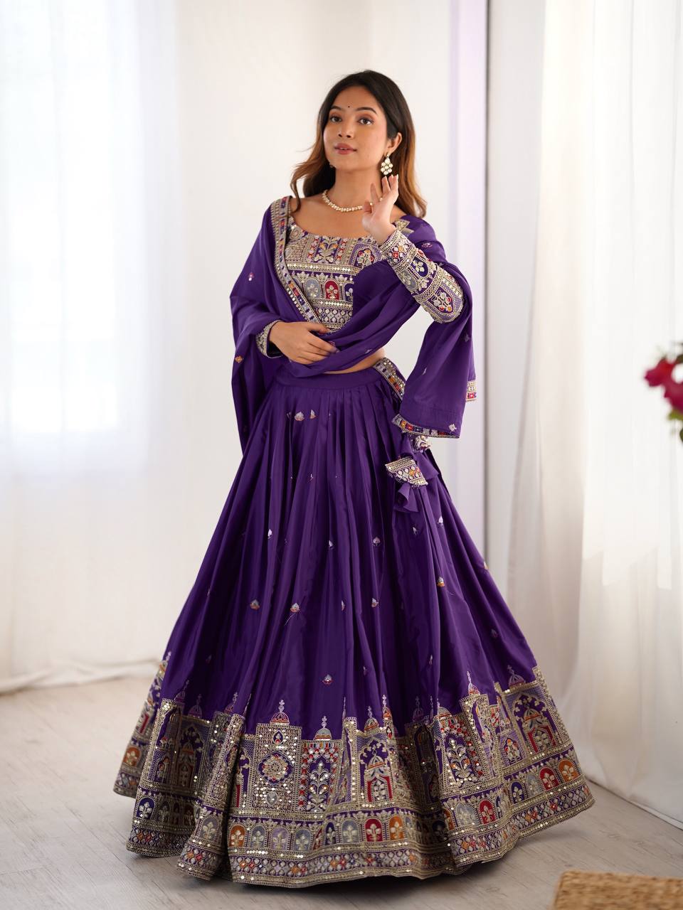 Purple Semi-Stitched Natural Silk Embroidered Lehenga Choli Set – A Perfect Blend of Tradition, Elegance & Timeless Craftsmanship