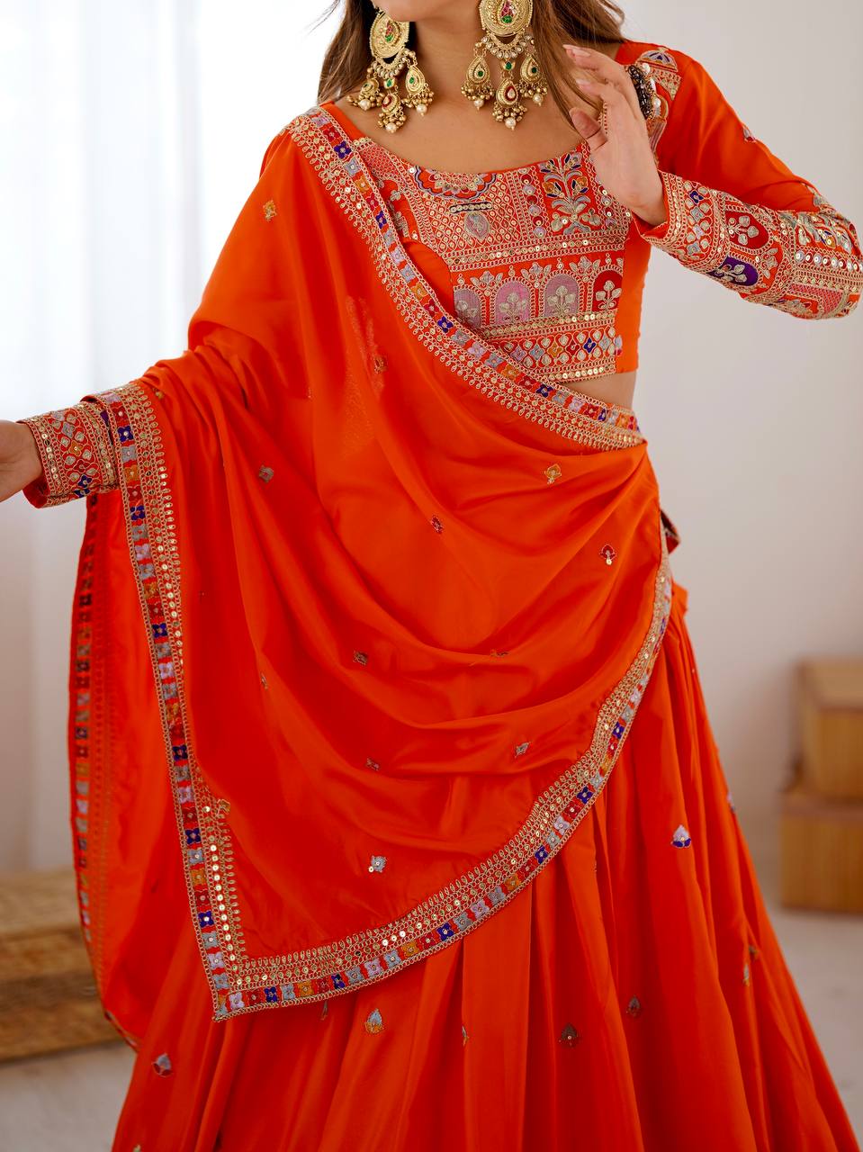 Orange Semi-Stitched Natural Silk Embroidered Lehenga Choli Set – A Perfect Blend of Tradition, Elegance & Timeless Craftsmanship