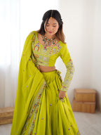 Mustard Green Semi-Stitched Natural Silk Embroidered Lehenga Choli Set – A Perfect Blend of Tradition, Elegance & Timeless Craftsmanship