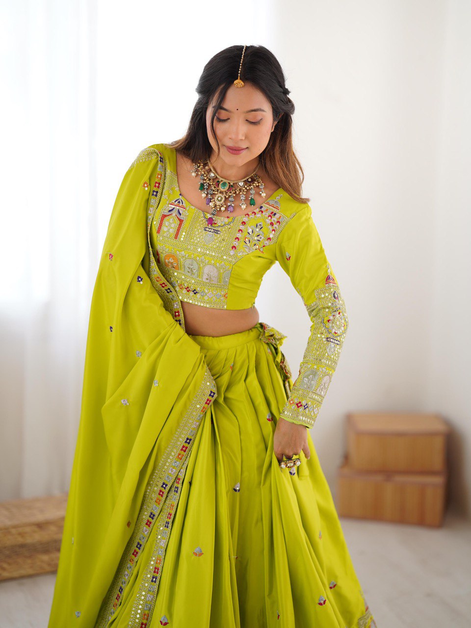 Mustard Green Semi-Stitched Natural Silk Embroidered Lehenga Choli Set – A Perfect Blend of Tradition, Elegance & Timeless Craftsmanship