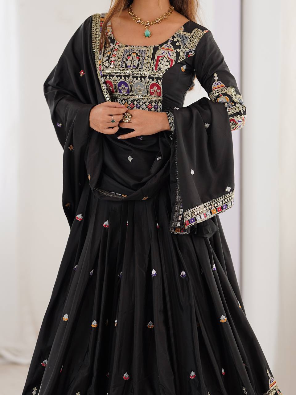 Black Semi-Stitched Natural Silk Embroidered Lehenga Choli Set – A Perfect Blend of Tradition, Elegance & Timeless Craftsmanship