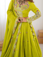Mustard Green Semi-Stitched Natural Silk Embroidered Lehenga Choli Set – A Perfect Blend of Tradition, Elegance & Timeless Craftsmanship