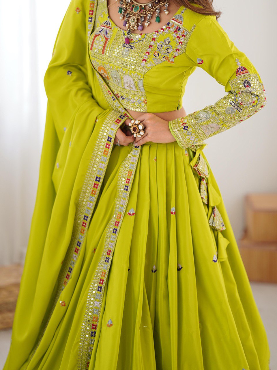 Mustard Green Semi-Stitched Natural Silk Embroidered Lehenga Choli Set – A Perfect Blend of Tradition, Elegance & Timeless Craftsmanship