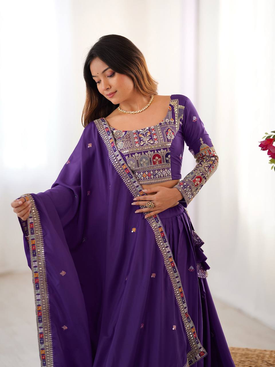 Purple Semi-Stitched Natural Silk Embroidered Lehenga Choli Set – A Perfect Blend of Tradition, Elegance & Timeless Craftsmanship