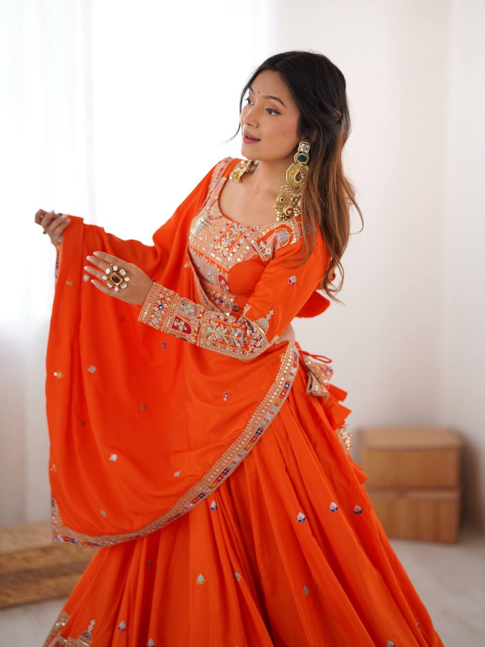 Orange Semi-Stitched Natural Silk Embroidered Lehenga Choli Set – A Perfect Blend of Tradition, Elegance & Timeless Craftsmanship