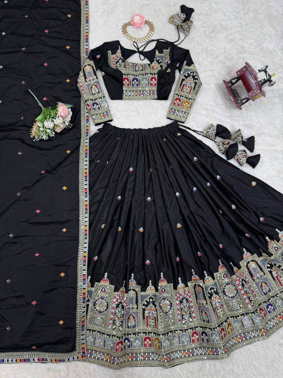 Black Semi-Stitched Natural Silk Embroidered Lehenga Choli Set – A Perfect Blend of Tradition, Elegance & Timeless Craftsmanship