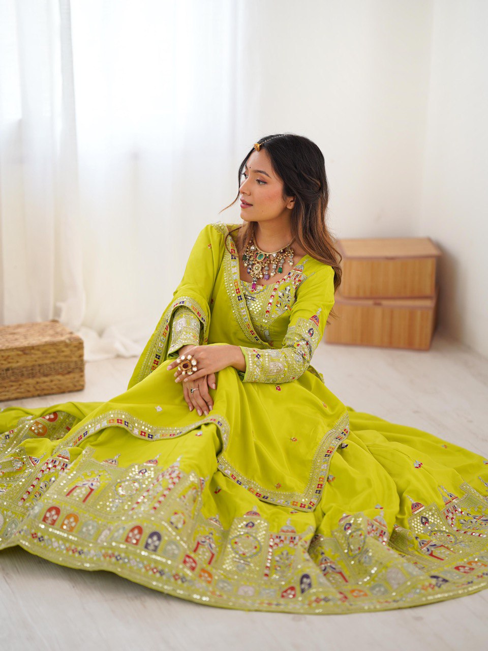 Mustard Green Semi-Stitched Natural Silk Embroidered Lehenga Choli Set – A Perfect Blend of Tradition, Elegance & Timeless Craftsmanship