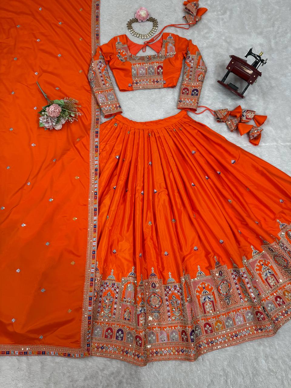 Orange Semi-Stitched Natural Silk Embroidered Lehenga Choli Set – A Perfect Blend of Tradition, Elegance & Timeless Craftsmanship