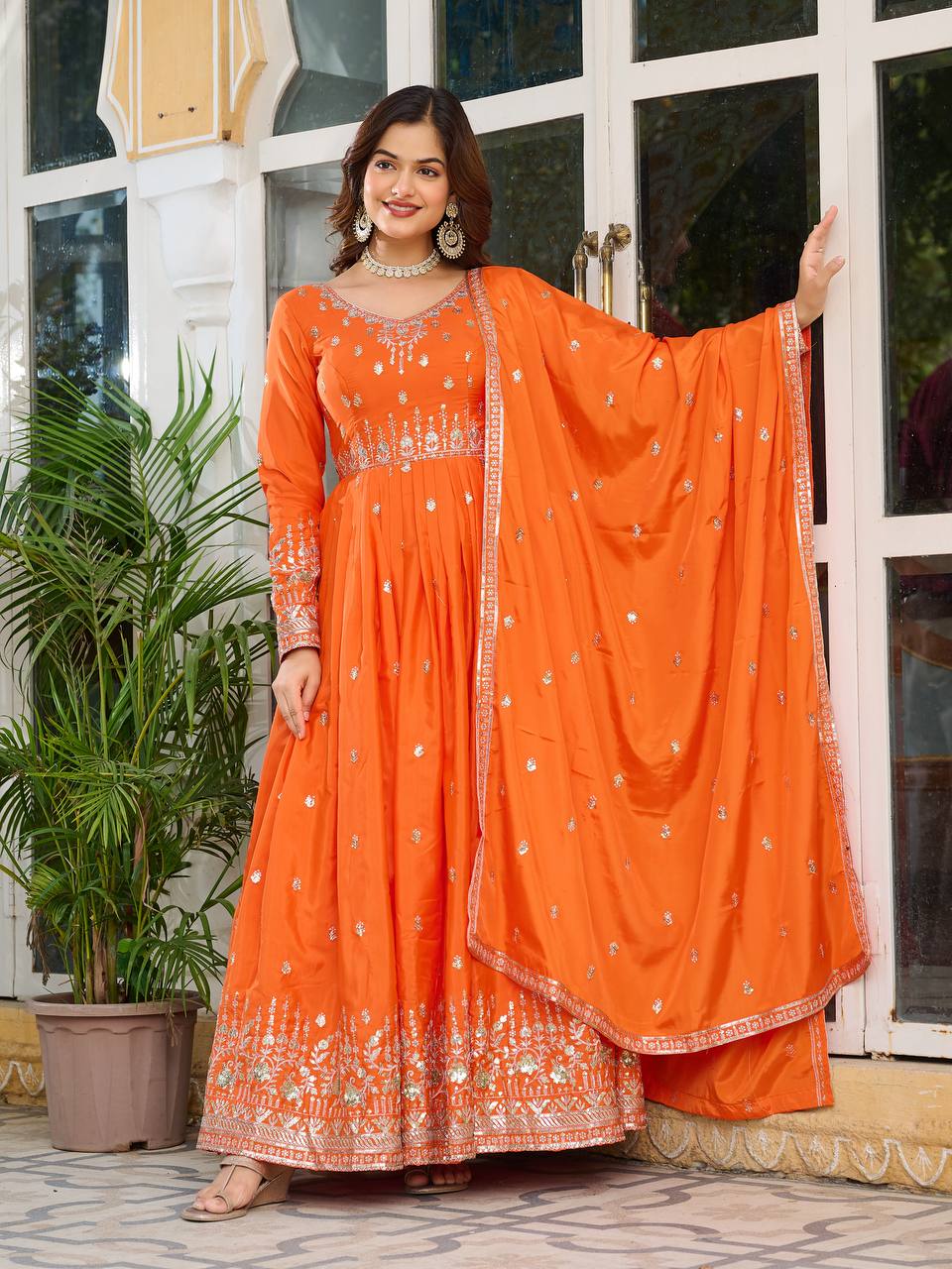 Orange American Silk Embroidered Anarkali Gown Set With Dupatta & Pant