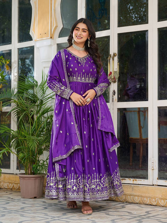 Purple American Silk Embroidered Anarkali Gown Set With Dupatta & Pant
