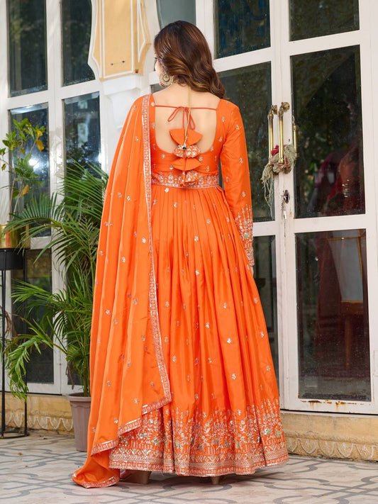 Orange American Silk Embroidered Anarkali Gown Set With Dupatta & Pant