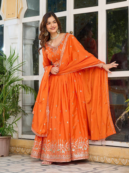 Orange American Silk Embroidered Anarkali Gown Set With Dupatta & Pant