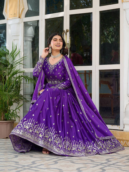 Purple American Silk Embroidered Anarkali Gown Set With Dupatta & Pant