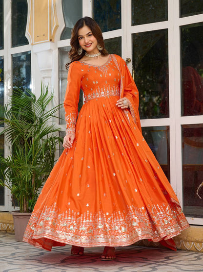Orange American Silk Embroidered Anarkali Gown Set With Dupatta & Pant