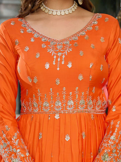 Orange American Silk Embroidered Anarkali Gown Set With Dupatta & Pant