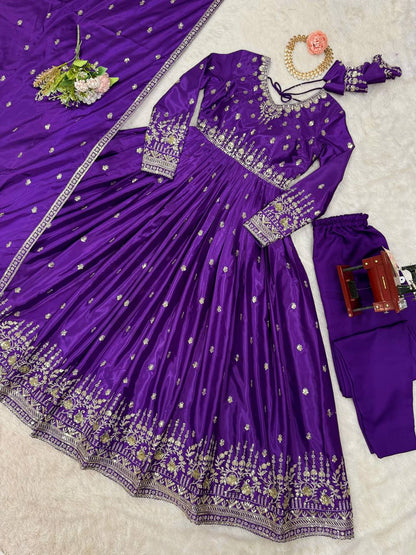 Purple American Silk Embroidered Anarkali Gown Set With Dupatta & Pant