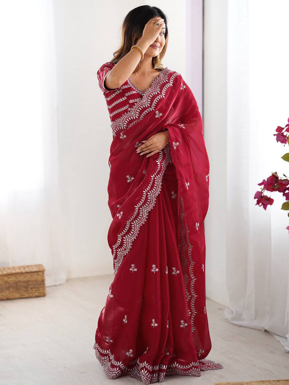 Deep Red Georgette Saree with White Embroidery and Scalloped Borders