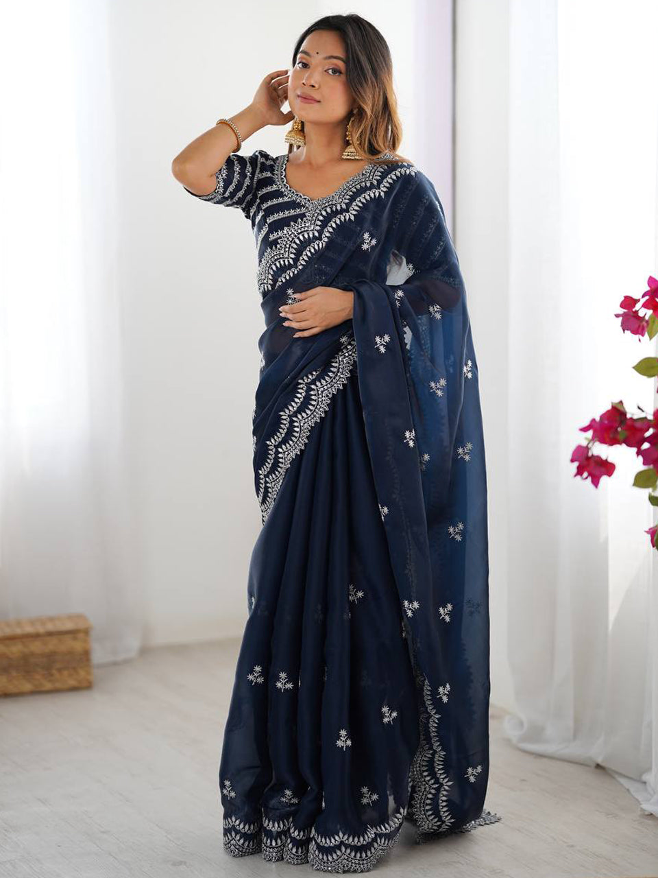 Navy Blue Georgette Saree with White Embroidery and Scalloped Borders
