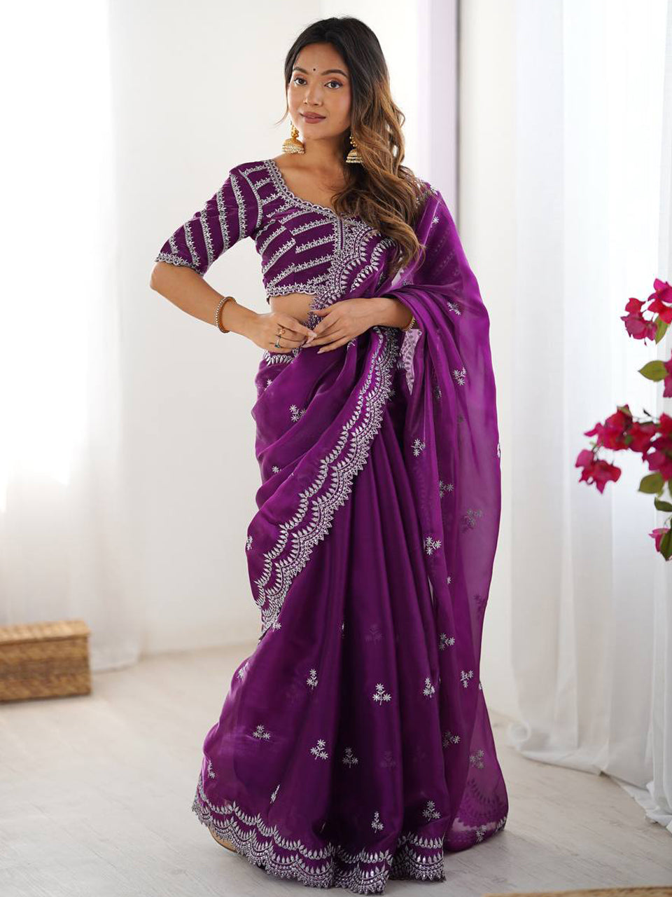 Wine Georgette Saree with White Embroidery and Scalloped Borders
