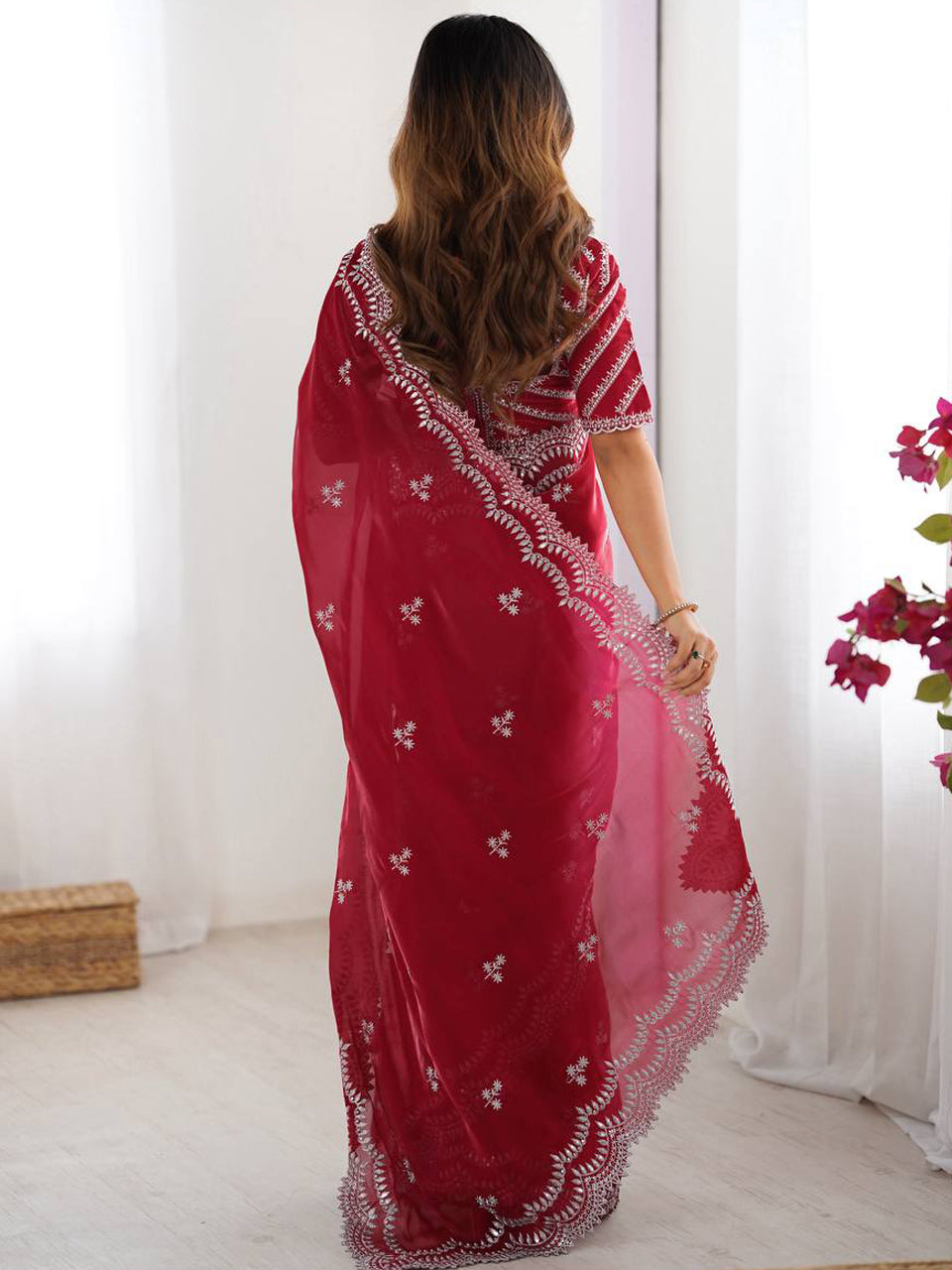 Deep Red Georgette Saree with White Embroidery and Scalloped Borders