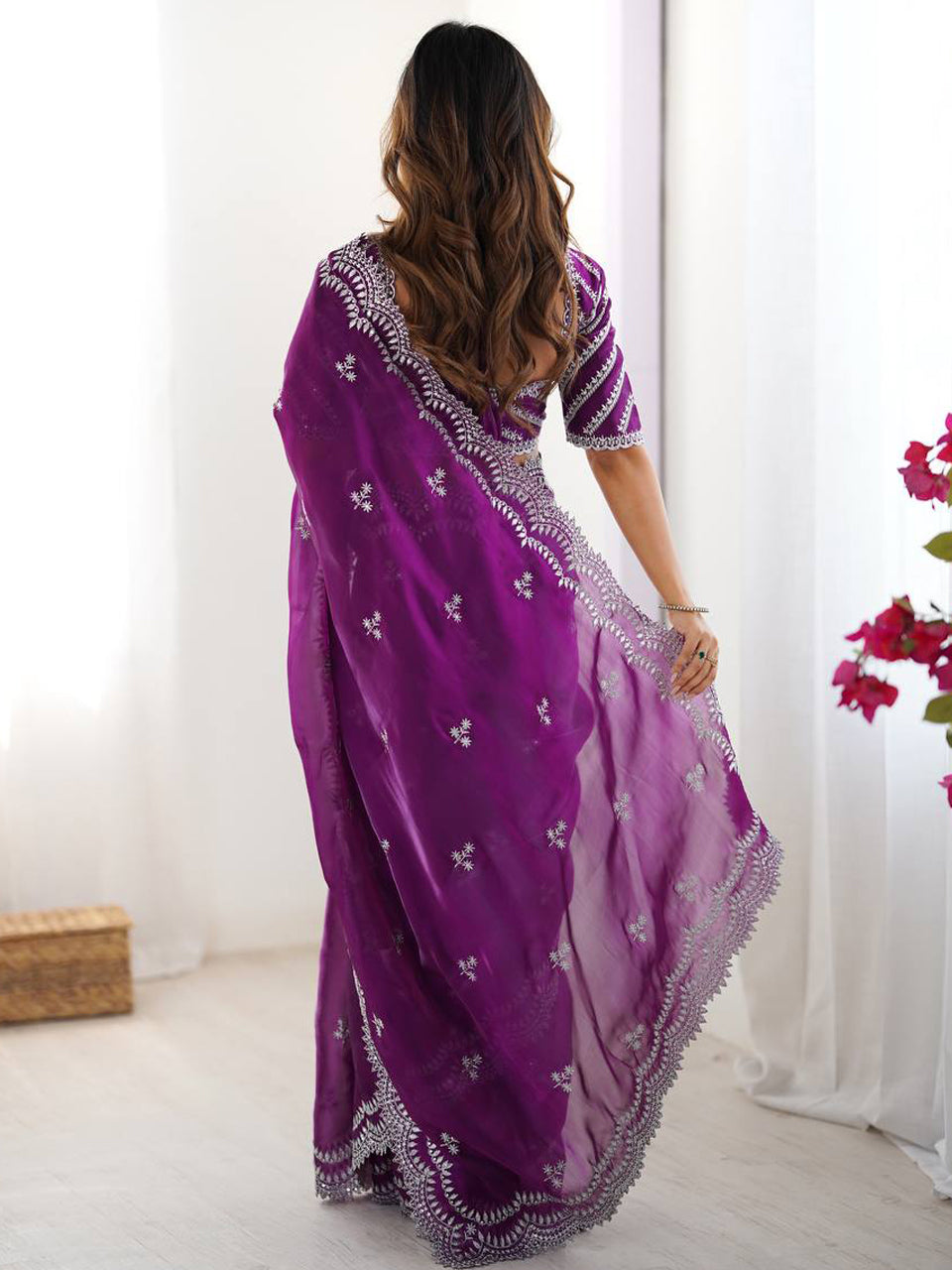 Wine Georgette Saree with White Embroidery and Scalloped Borders